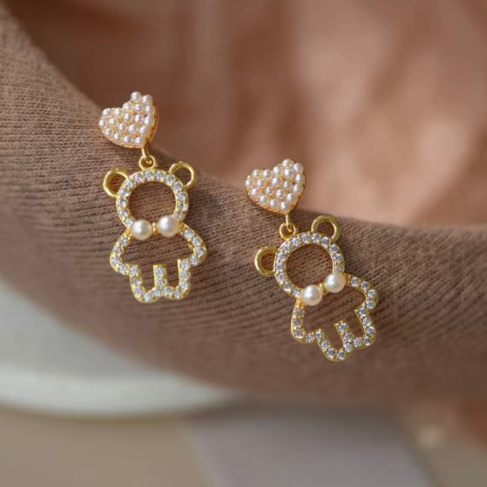 Rhinestone And Faux Pearl Decor Gold Plated Bear Drop Earrings Faux Fashion Jewe